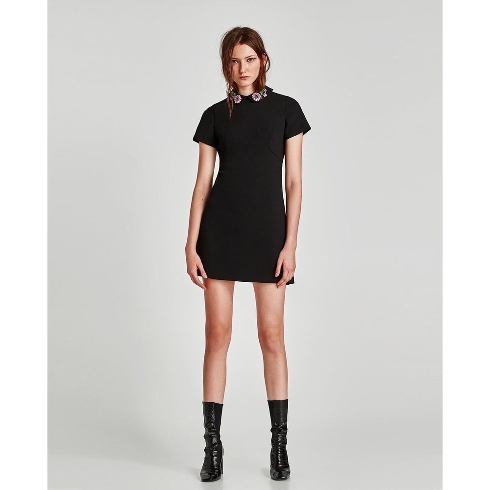New Zara Bejewelled Appliqué Black Dress With Beaded Floral Collar
